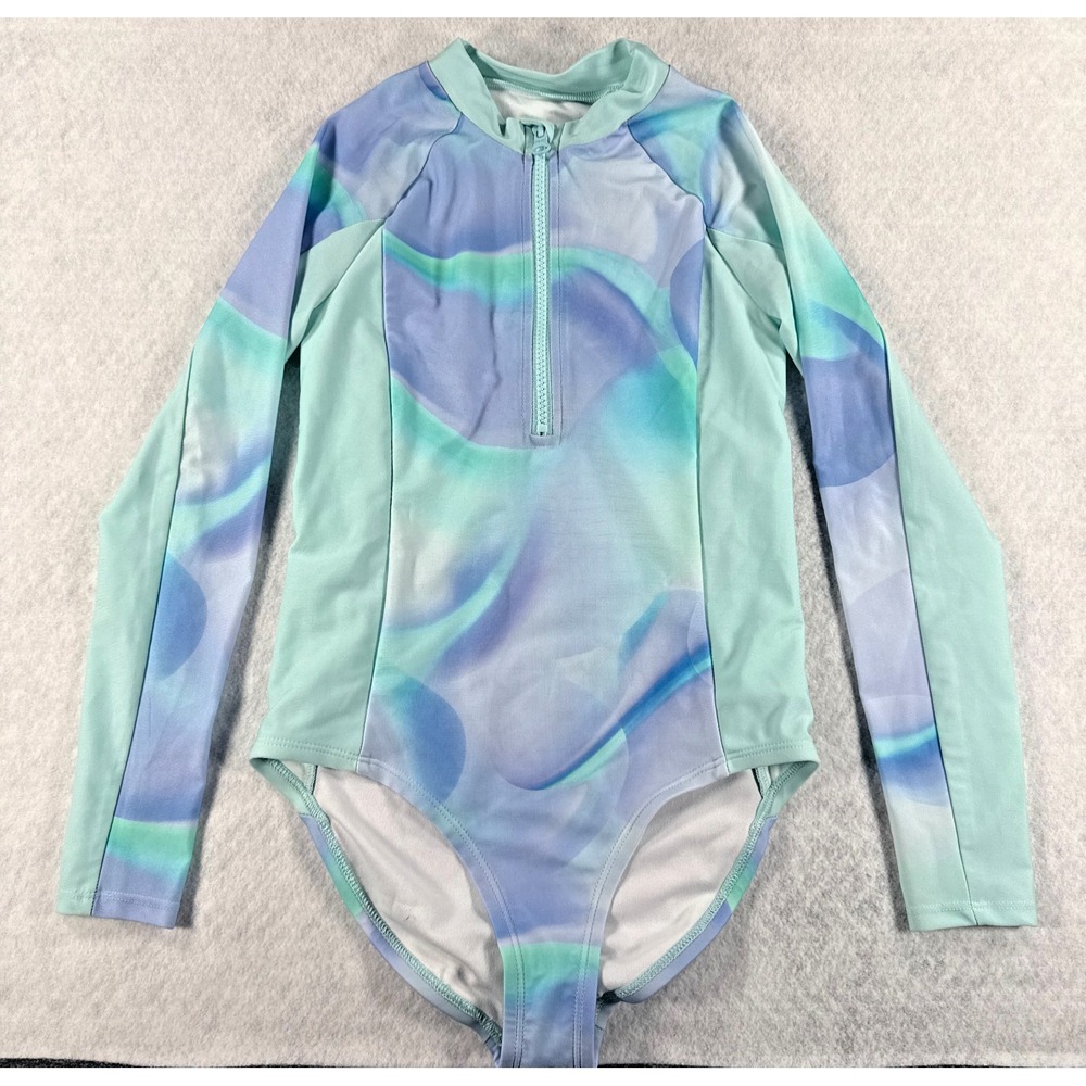 DSG Girls‎ Medium Aqua Blue Long Sleeve Rash Guard One Piece Swimsuit NWT